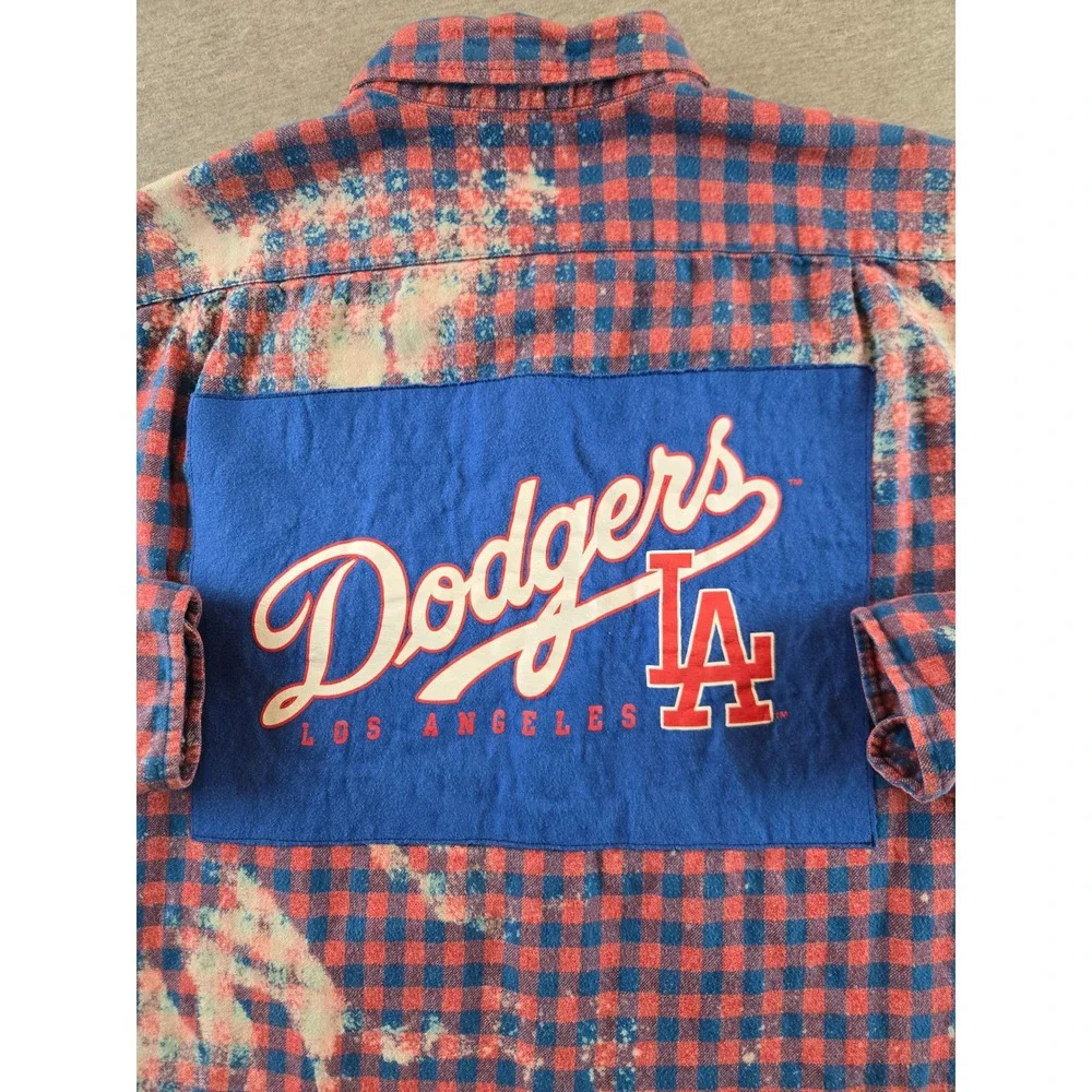 Los Angeles Dodgers x J.Crew Flannel Shirt Mens XLT Red Blue Bleached Back Patch